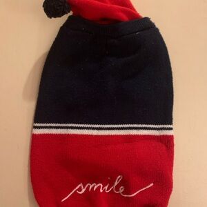 Red and Navy Dog Sweater with Smile Embroidery and a Pom-Pom Hood